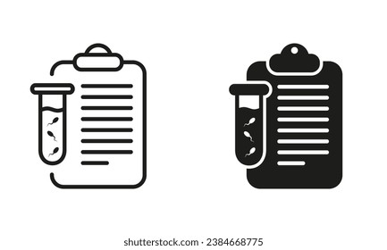 Análisis de semen, Colección de símbolos de investigación de laboratorio. Análisis médico espermático para la paternidad, línea de infertilidad y conjunto de iconos negros de silueta. Pictograma de resultados de prueba de esperma. Ilustración de vectores aislados.