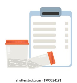 Semen analysis, sperm test results and container and test tube with biological material vector illustration