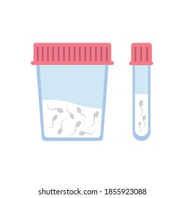 
Contenedor de esperma y tubo de ensayo en plano sobre fondo blanco. Concepto de donación de esperma y prueba de infertilidad. Ilustración vectorial moderna