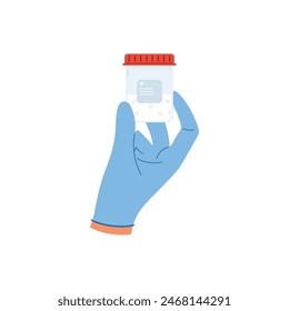 Muestra de semen en vaso de precipitados en la mano del médico con guantes. Donante de esperma. Prueba de fertilidad masculina
