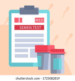 Der Samentest vor gelbem Hintergrund. Medical Tablette und Testgläser für Sozialbanner, Website-Element, Gesundheitsförderung, medizinisches Poster. Chemist Shop Logo oder Infokarte. Flache Darstellung von Vektoren