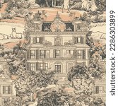 semi abstract orange french toile de jouy pattern of classic royal manor with garden