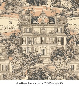 semi abstract orange french toile de jouy pattern of classic royal manor with garden