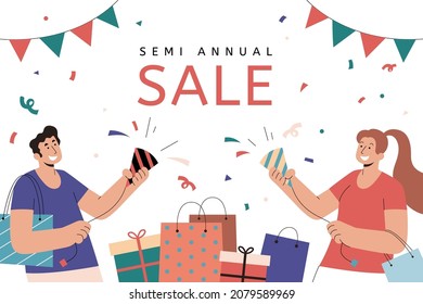 Banner semianual de venta en ilustración de estilo plano. Hombre y mujer festejando con pimienta mientras disfrutan la celebración en el doble once