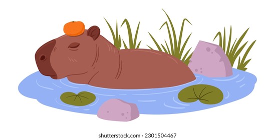 Semi aquatic capybara. Cartoon cute animal in natural habitat, wild herbivore mammal resting in pond flat vector illustration