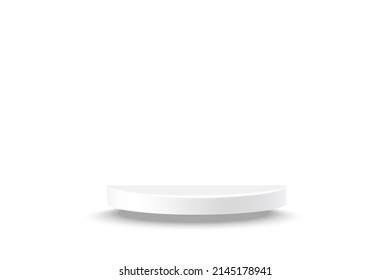 Semi circle 3d shelf vector illustration. Realistic podium mockup with shadow on floor for product display in showcase, blank cylinder base for studio presentation isolated on white background