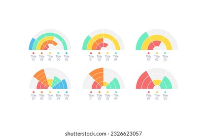 Halbkreis-Infografik-Design-Vorlage Set. Unterschiedliche Raten und Nummern der Ringe. Visuelle Datendarstellung. Bearbeitbare Halb-Kuchen-Kreisdiagramme Sammlung. Myriad Pro-kühne, Standardschriftarten verwendet