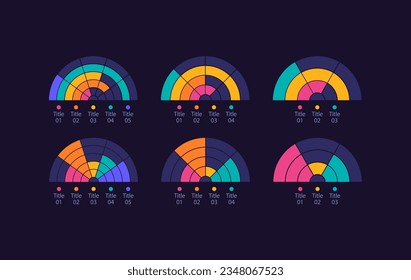 Halbkreis-Infografik-Design-Vorlage für dunkles Thema gesetzt. Unterschiedliche Tarife. Visuelle Datendarstellung. Bearbeitbare Halb-Kuchen-Kreisdiagramme Sammlung. Myriad Pro-kühne, Standardschriftarten verwendet