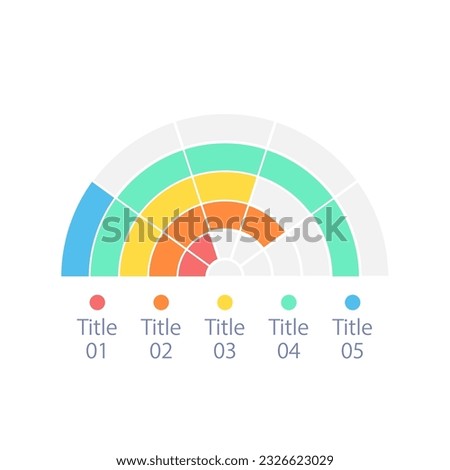 Semi circle infographic chart design template with five titles. Market competition. Editable arc infochart with different indicators. Visual data presentation. Myriad Pro-Bold, Regular fonts used