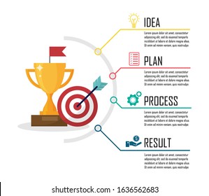 Semi Circle Infographic With Icons And 4 Options Or Steps. Can Be Used For Process Diagram, Presentations, Workflow Layout, Banner,step Chart. Vector Illustration Flat Design. Target Trophy Concept.