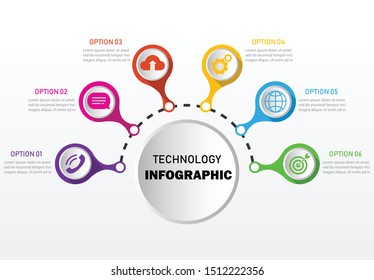 Semi circle infographic modern technology template 6 option on white background. Business concept can be used for workflow number steps. Process chart diagram for presentation. Vector illustration.