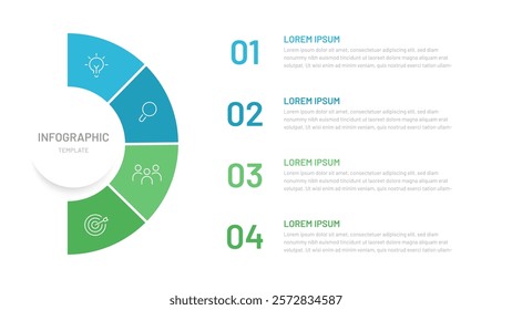 Semi circle pie chart divided into 4 parts with editable icons. A template for a presentation or website. Colorful infographics for business, startup, report, presentation, slides