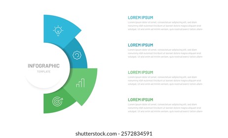 Semi circle pie chart divided into 4 parts with editable icons. A template for a presentation or website. Colorful infographics for business, startup, report, presentation, slides