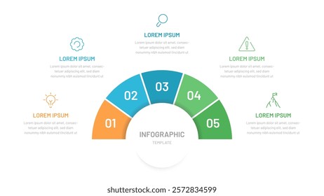 Semi circle pie chart divided into 5 parts with editable icons. A template for a presentation or website. Colorful infographics for business, startup, report, presentation, slides