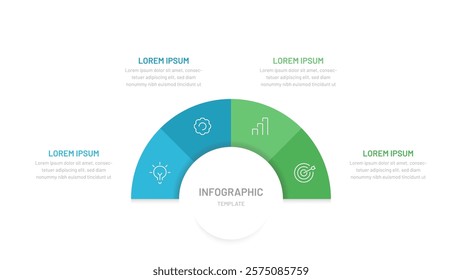 Semi circle pie chart divided into 4 parts with editable icons. A template for a presentation or website. Colorful infographics for business, startup, report, presentation, slides