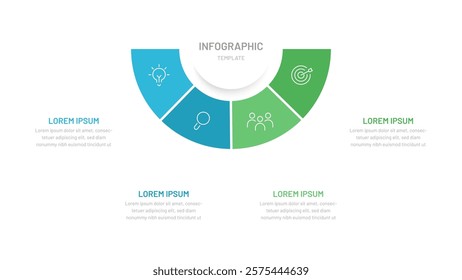 Semi circle pie chart divided into 4 parts with editable icons. A template for a presentation or website. Colorful infographics for business, startup, report, presentation, slides