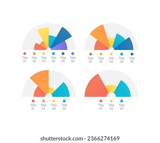 Semi circle pie infographic chart design template set. Different sizes of categories. Visual data presentation. Editable circular diagrams with sections collection. Myriad Pro-Bold, Regular fonts used