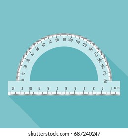 Semi circle ruler in real scale for measuring angle, flat design with long shadow