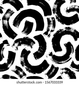 Semi circles brushstrokes vector seamless pattern. Half round lines grunge texture. Hand painted brush strokes abstract background. Hand drawn black and white ink illustration. Modern graphic design 