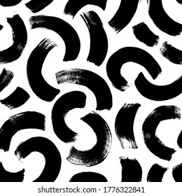 Semi circles brushstrokes vector seamless pattern. Half round lines grunge texture. Hand painted bold brush strokes abstract background. Hand drawn black and white ink illustration. Modern design