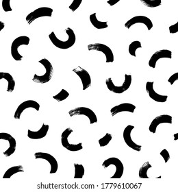 Semi circles brushstrokes vector seamless pattern. Half round lines grunge texture. Hand painted bold brush strokes abstract background. Hand drawn black and white ink illustration. Modern design