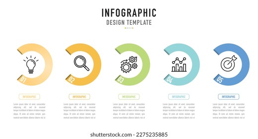 Semi circular infographic business, sale template or element with 5 step, process, option, colorful circle and icons on white background, for slide or presentation, modern, minimal, simple style