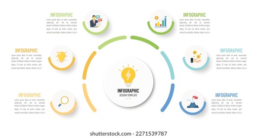 Semi circular infographic business template or element as vector including 6 connected step, process with colorful label, icons on white background for slide, presentation, simple modern minimal style