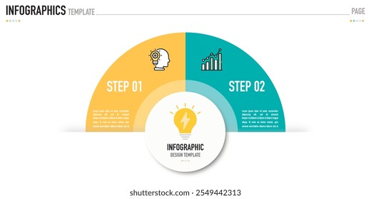 Modelo ou elemento de negócios de infográfico semicircular como um vetor incluindo 2 etapas, processo, com retângulo colorido e ícones no fundo branco para slide ou apresentação, simples, moderno, mínimo