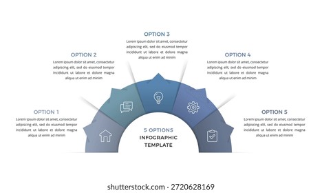 Infografía semicircular con cinco segmentos conectados, iconos y etiquetas de opciones, que muestra un concepto de negocio o proceso paso a paso