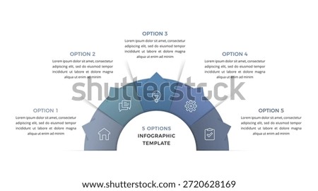 Semi circular infographic with five connected segments, icons and option labels, showing a step by step business or process concept