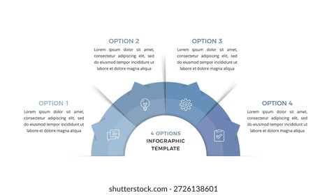 Infografía semicircular con cuatro segmentos conectados, iconos y etiquetas de opciones