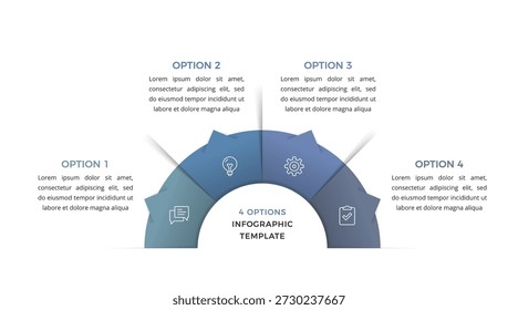 Semi circular infographic with four connected segments, icons and option labels, showing a step by step business or process concept