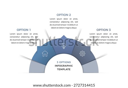Semi circular infographic with three connected segments, icons and option labels, showing a step by step business or process concept