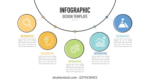 Planta o elemento de infografía de mapa de mente semicircular con 5 pasos conectados, proceso, opción, círculo colorido e iconos sobre fondo blanco para negocios, presentación de venta o diapositiva, moderno, mínimo 