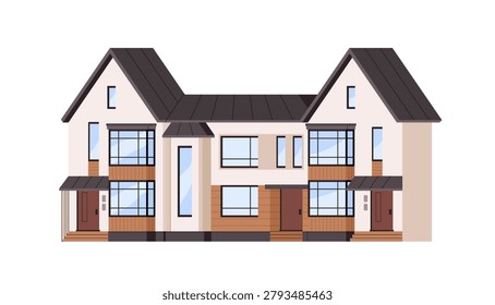 Semi detached house. Facade of modern townhouse. Suburb residential building. Exterior of city condominium. Suburban and town architecture. Flat isolated vector illustration on white background