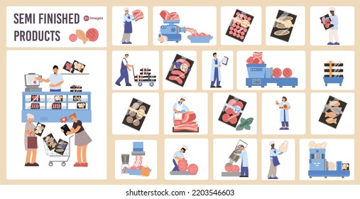 Semi finished products compositions set with flat images of patty cakes sausages fish in supermarket packaging vector illustration