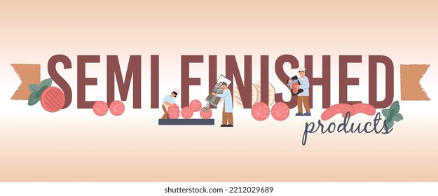 Semi finished products flat composition with editable text and human characters of cooks making raw sausages vector illustration