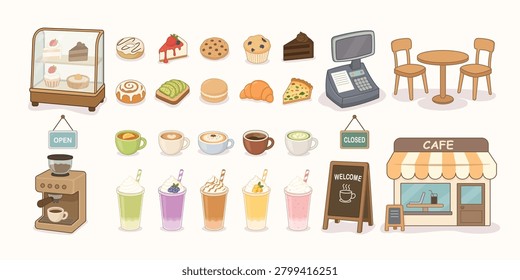 Semi flat cafe elements featuring cafe drinks and foods collection