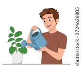 Semi flat color vector character man watering houseplants gardening chore editable figure half body simple cartoon style suitable for web graphic and animation artwork
