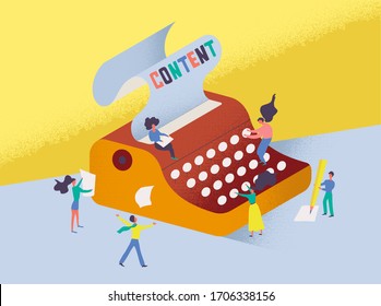 Semi flat vector illustration of corywriter maсhine with people who type text. Сopywriting colorful concept of creating content. Creative process of making blogging, commercial blog posting, strategy.