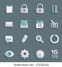 Semi flat web icons set of 15 vector design elements. AI10 EPS. Easily editable with global color swatches.