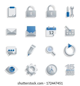 Semi flat web icons set of 15 vector design elements isolated on white background. Easily editable with global color swatches.