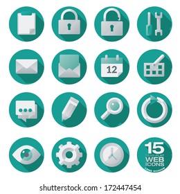 Semi flat web icons set of 15 vector design elements in circles, long shadow. Easily editable with global color swatches.
