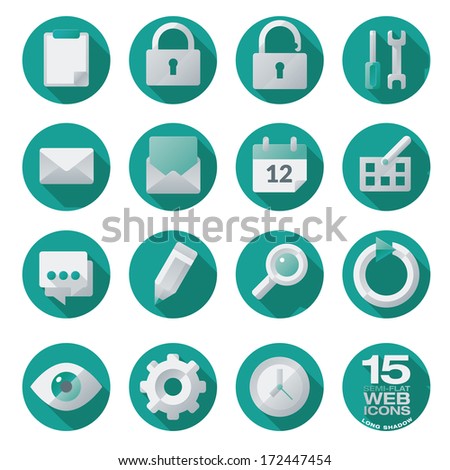 Semi flat web icons set of 15 vector design elements in circles, long shadow. Easily editable with global color swatches.