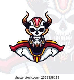 semi futuristic horned mecha skull head vector portrait