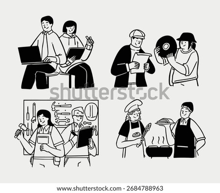 Semi Handdrawn Illustration Set Featuring Modern Youth Worker Characters In Various Professions