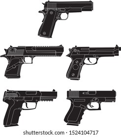 Semi Otomatic Pistol Set, Hand Gun Black - Vector