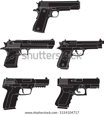 Semi otomatic pistol set, hand gun black - Vector