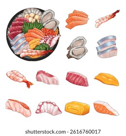 Semi real sashimi set element with big bowl sashimi handdrawn graphic on white background
