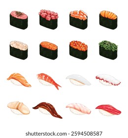 Semi real sushi set element handdrawn graphic on white background